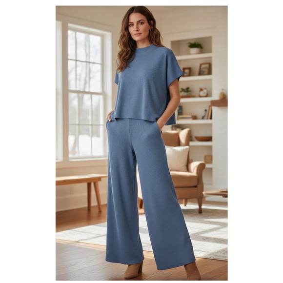Zenana Ribbed 2pc wide leg set dusty blue oversized medium